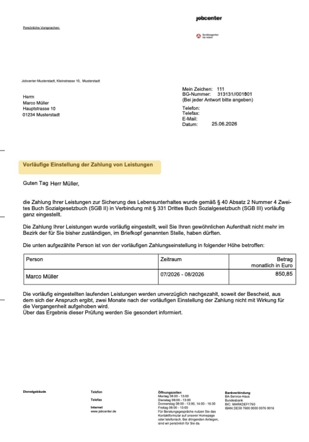 Anonymisiertes Originalschreiben eines Jobcenters